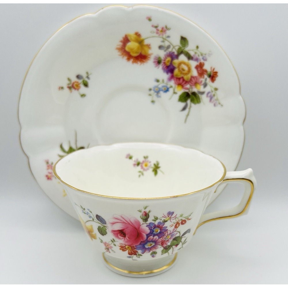 Royal Crown Derby Bone China Teacup Saucer Floral Gold Trim England Vintage